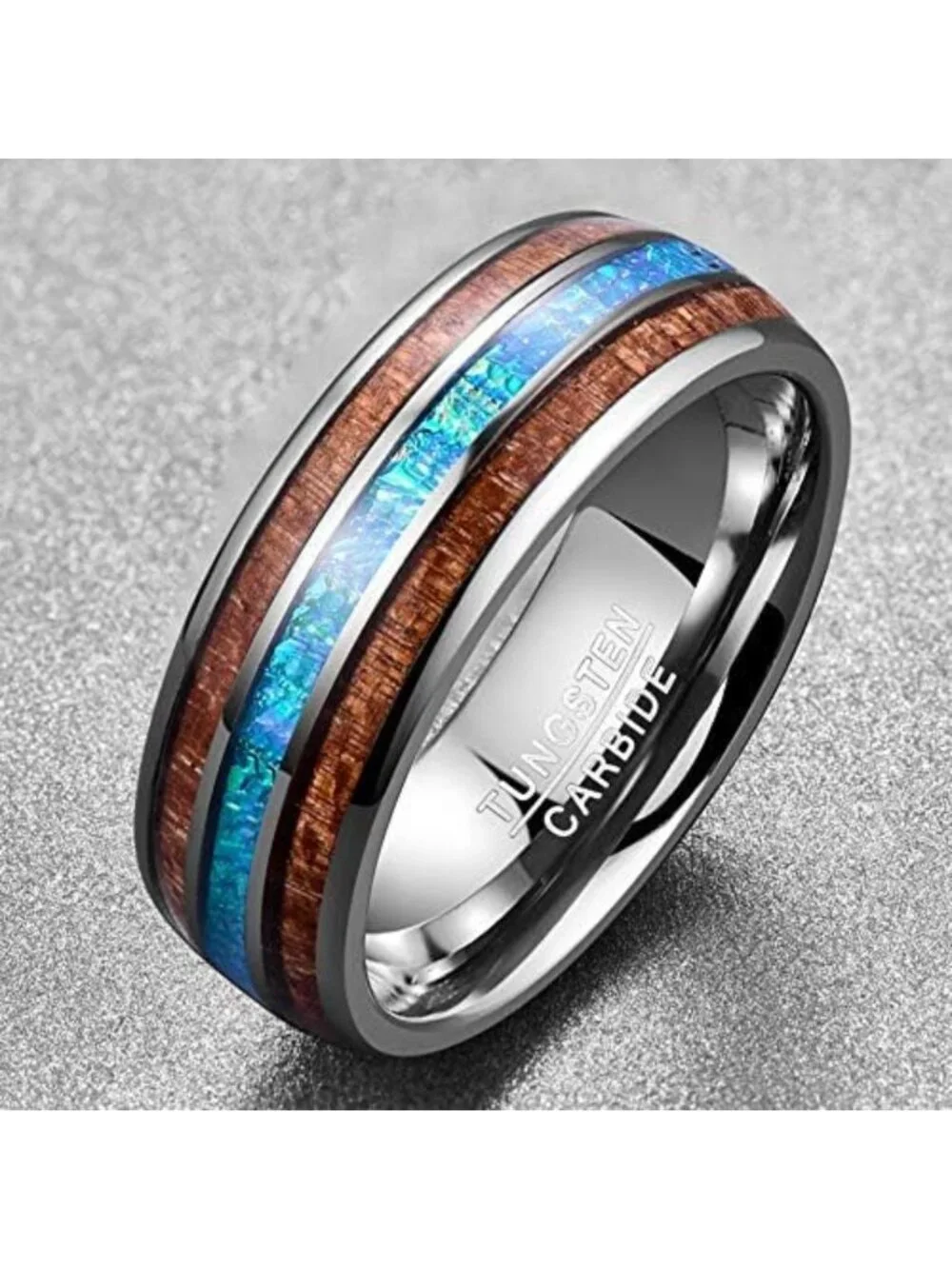 Men's Tungsten Wedding Band with Wood & Abalone Shell, Blue Inlay - Stylish